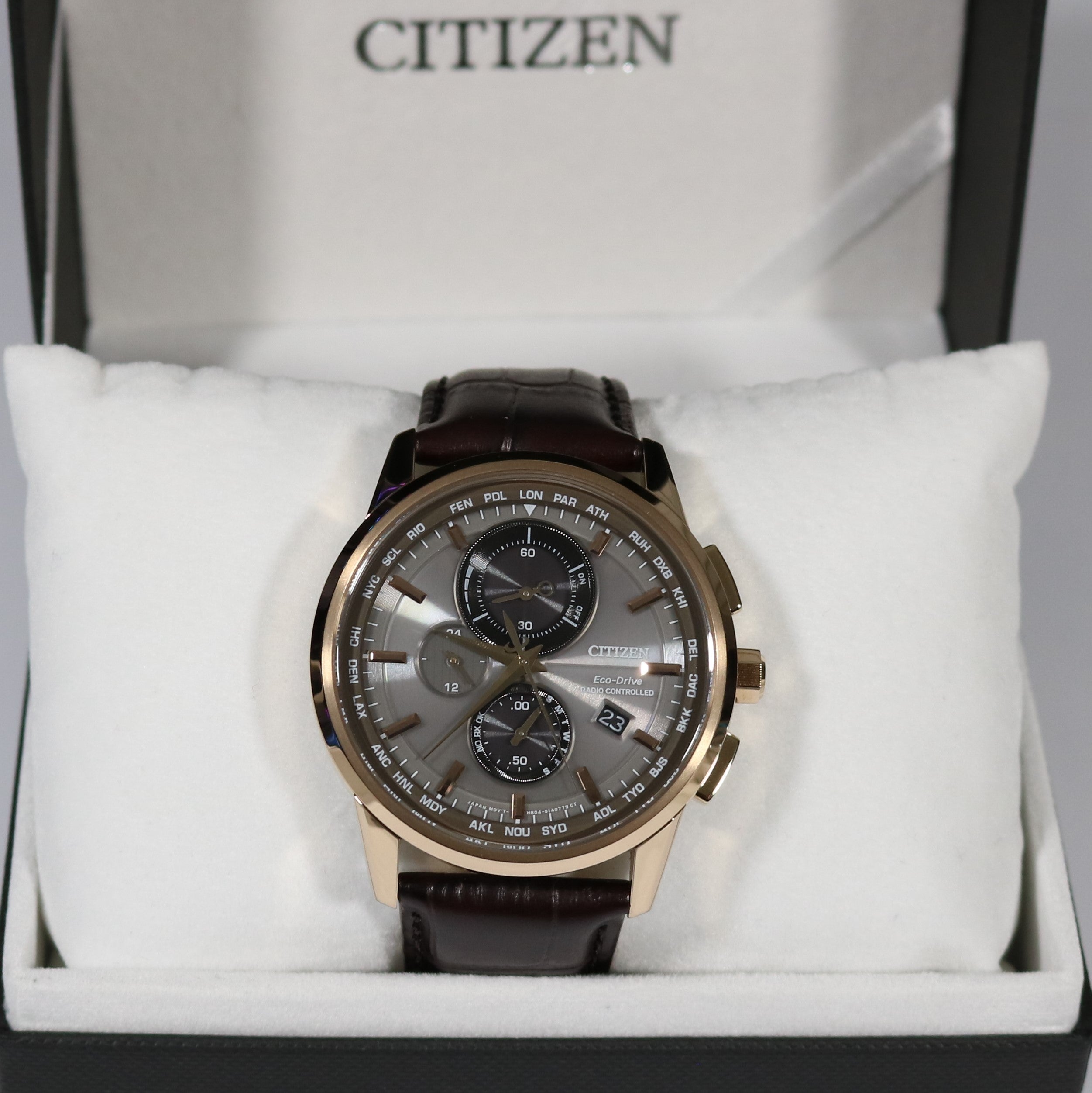 Citizen Eco Drive Radio Controlled Gold Tone Chronograph Watch AT8113-12H - Chronobuy