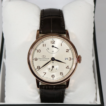 Orient Star Automatic Rose Gold Tone Brown Leather Strap Men's Dress Watch RE-AW0003S00B