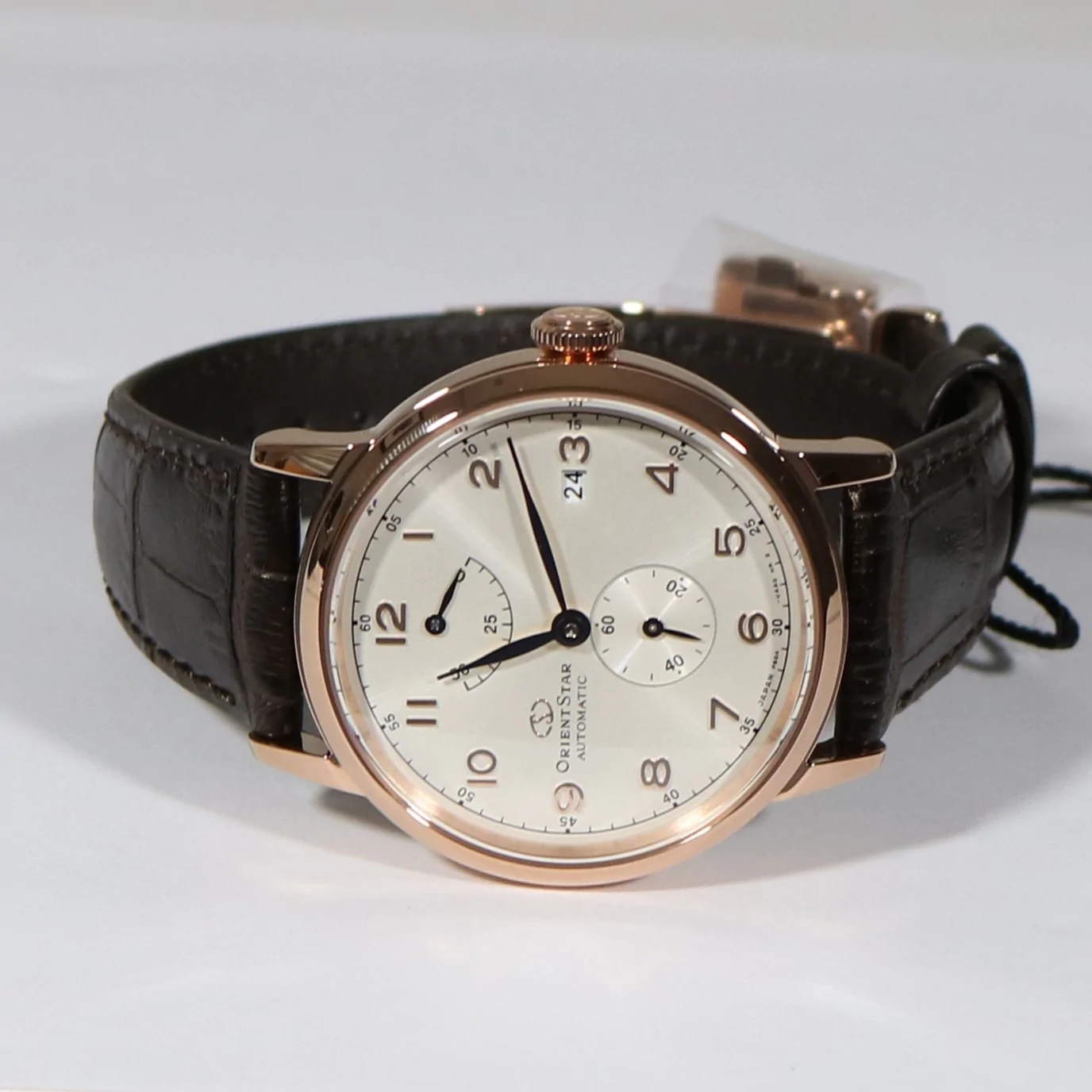 Orient Star Automatic Rose Gold Tone Brown Leather Strap Men's Dress Watch RE-AW0003S00B