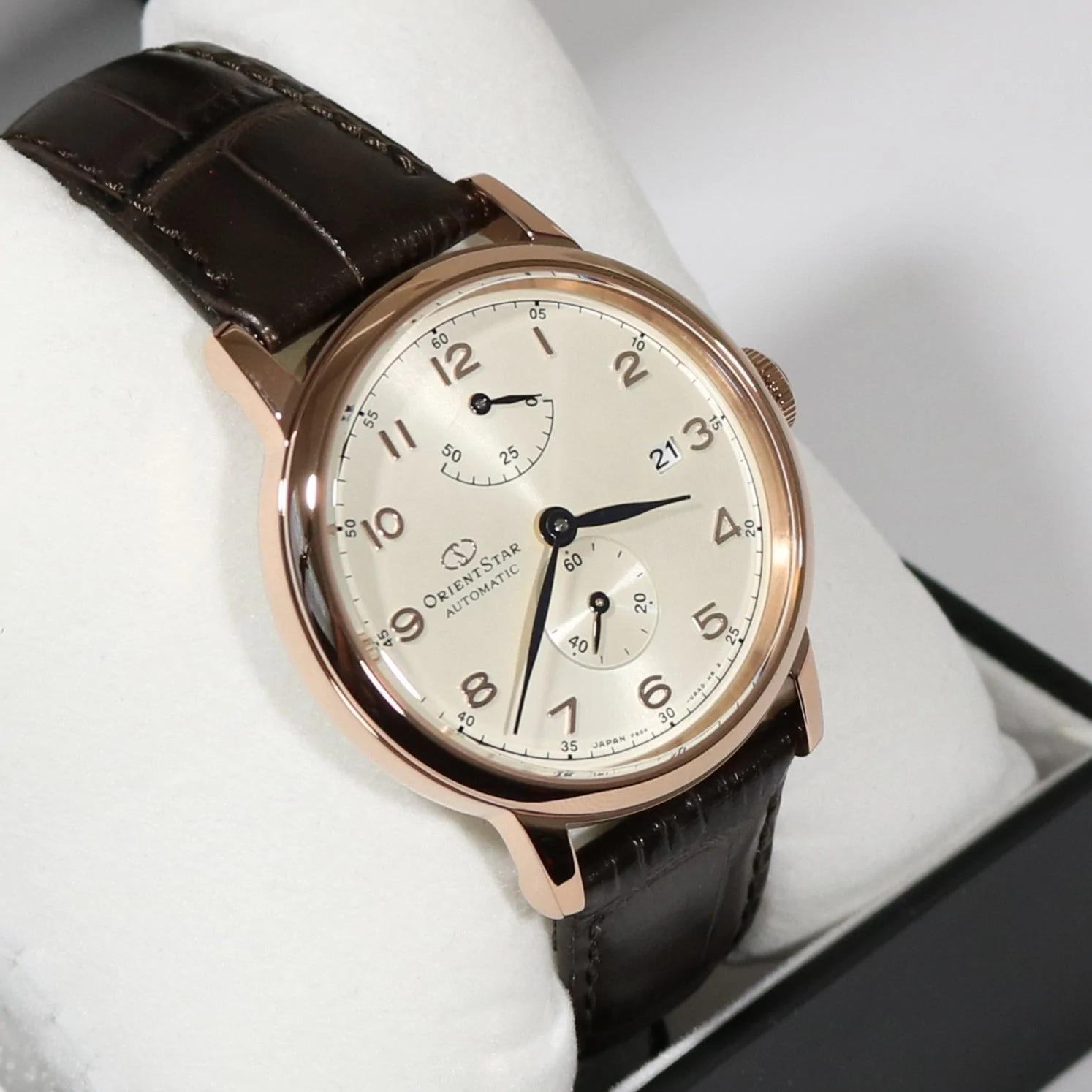 Orient Star Automatic Rose Gold Tone Brown Leather Strap Men's Dress Watch RE-AW0003S00B